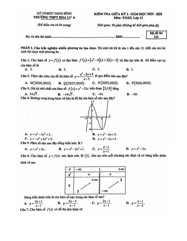 đề giữa kỳ 1 toán 12 năm 2025 – 2026 trường thpt hoa lư a – ninh bình 0
