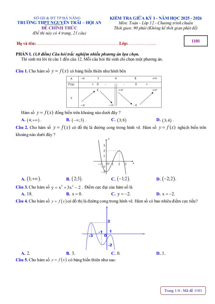 đề giữa kỳ 1 toán 12 năm 2025 – 2026 trường thpt nguyễn trãi – đà nẵng 0