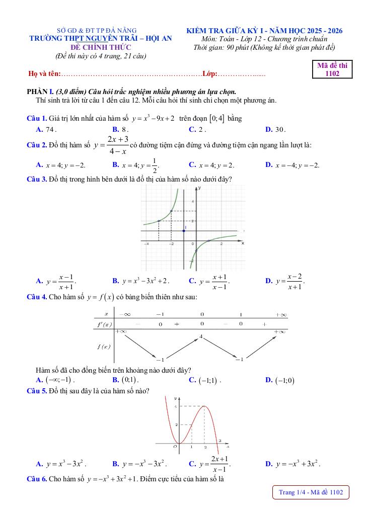 đề giữa kỳ 1 toán 12 năm 2025 – 2026 trường thpt nguyễn trãi – đà nẵng 4