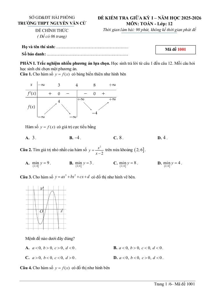 đề giữa kỳ 1 toán 12 năm 2025 – 2026 trường thpt nguyễn văn cừ – hải phòng 0