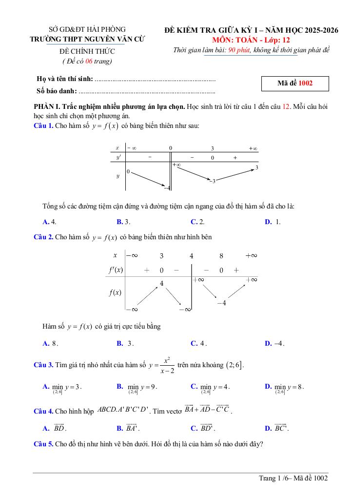 đề giữa kỳ 1 toán 12 năm 2025 – 2026 trường thpt nguyễn văn cừ – hải phòng 6