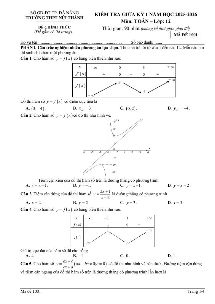 đề giữa kỳ 1 toán 12 năm 2025 – 2026 trường thpt núi thành – đà nẵng 0