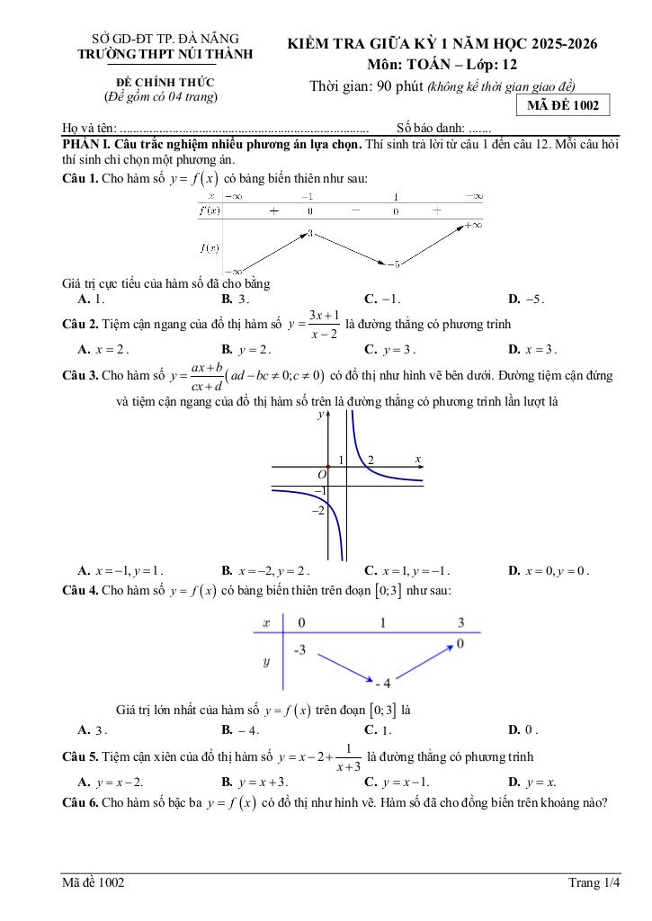 đề giữa kỳ 1 toán 12 năm 2025 – 2026 trường thpt núi thành – đà nẵng 4