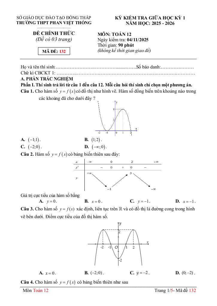 đề giữa kỳ 1 toán 12 năm 2025 – 2026 trường thpt phan việt thống – đồng tháp 0