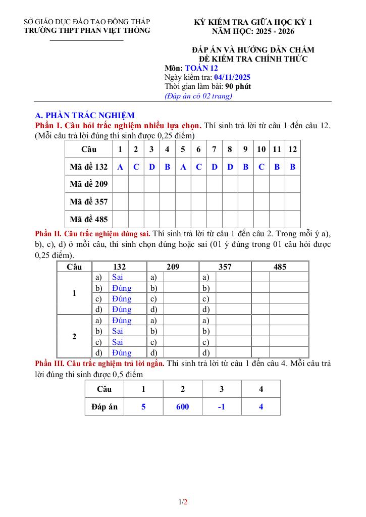 đề giữa kỳ 1 toán 12 năm 2025 – 2026 trường thpt phan việt thống – đồng tháp 5
