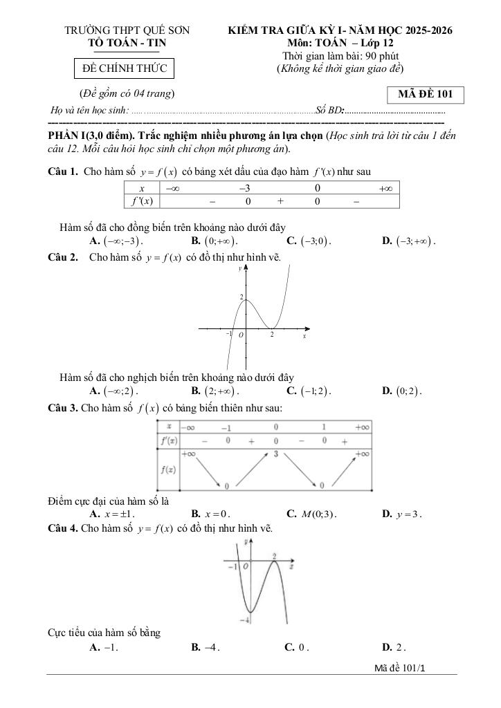 đề giữa kỳ 1 toán 12 năm 2025 – 2026 trường thpt quế sơn – đà nẵng 0