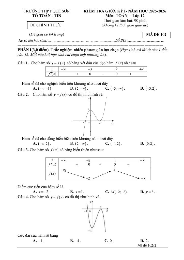 đề giữa kỳ 1 toán 12 năm 2025 – 2026 trường thpt quế sơn – đà nẵng 4