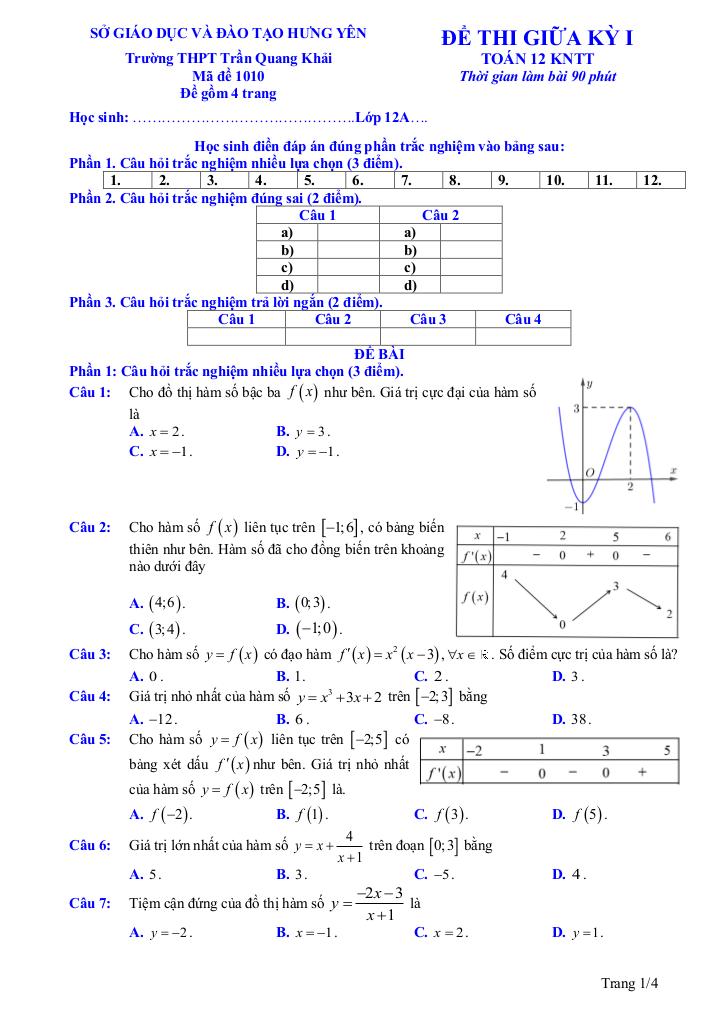 đề giữa kỳ 1 toán 12 năm 2025 – 2026 trường thpt trần quang khải – hưng yên 0