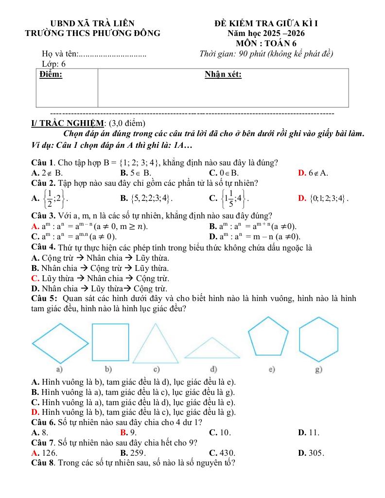 đề giữa kỳ 1 toán 6 năm 2025 – 2026 trường thcs phương đông – đà nẵng 4