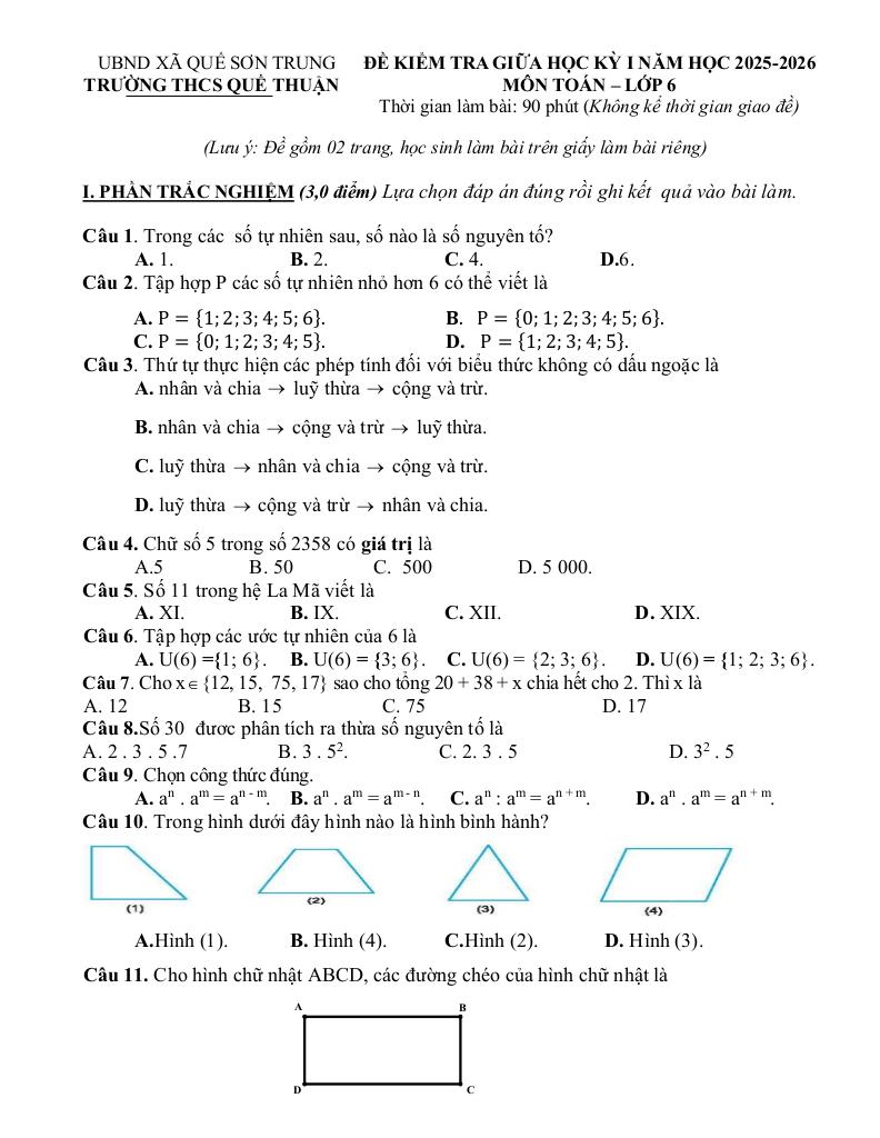 đề giữa kỳ 1 toán 6 năm 2025 – 2026 trường thcs quế thuận – đà nẵng 4