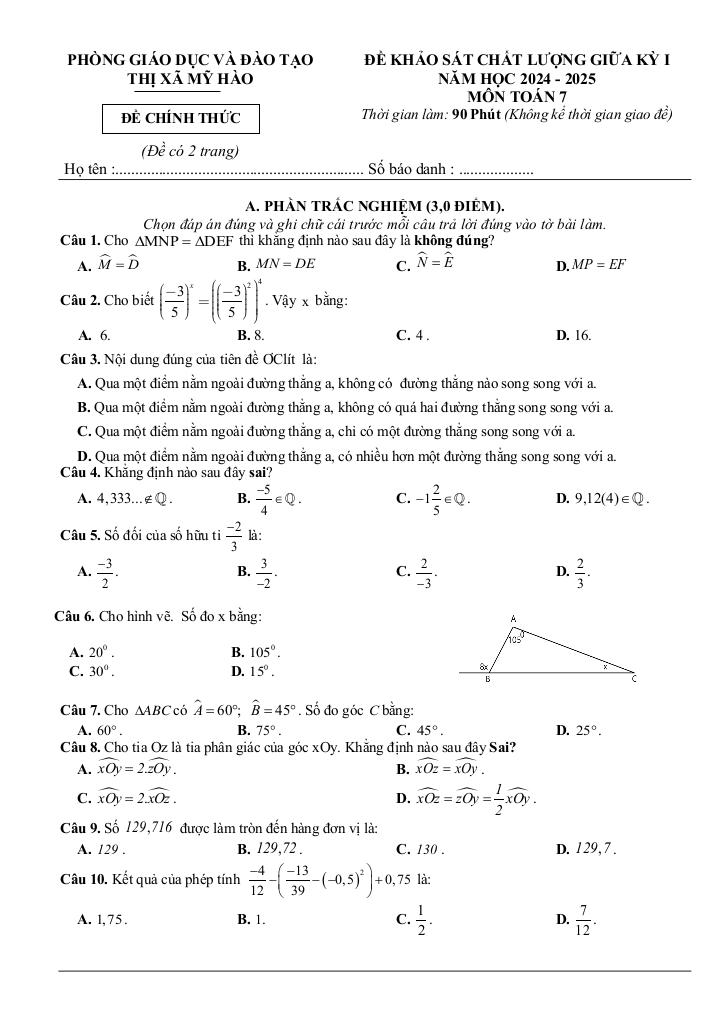 đề giữa kỳ 1 toán 7 năm 2024 – 2025 phòng gd&đt mỹ hào – hưng yên 0