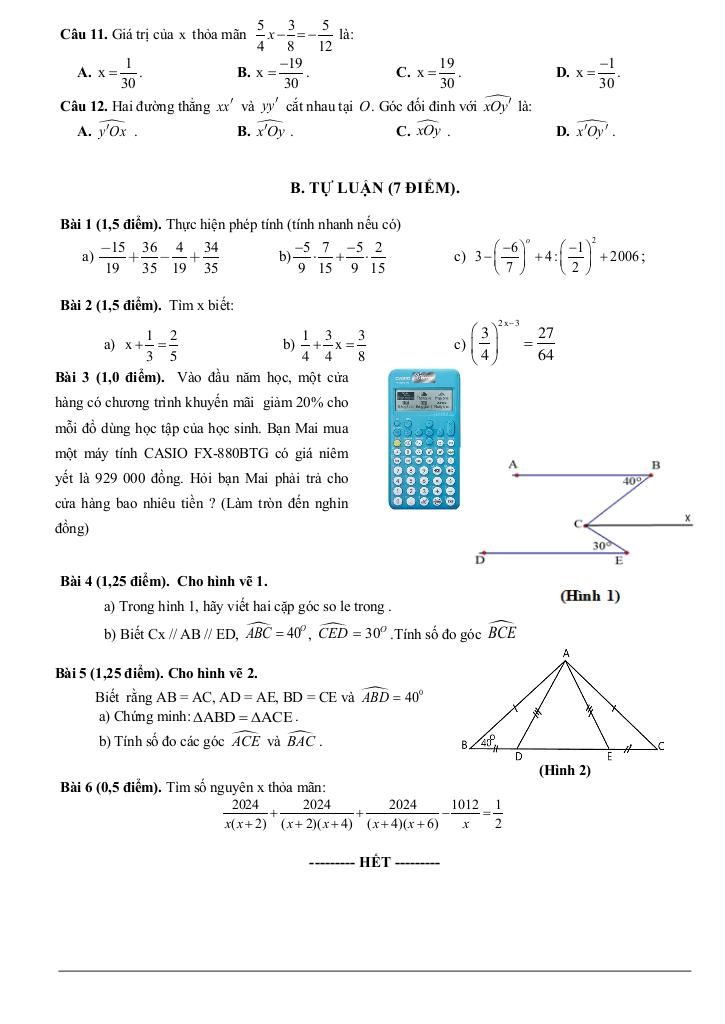 đề giữa kỳ 1 toán 7 năm 2024 – 2025 phòng gd&đt mỹ hào – hưng yên 1