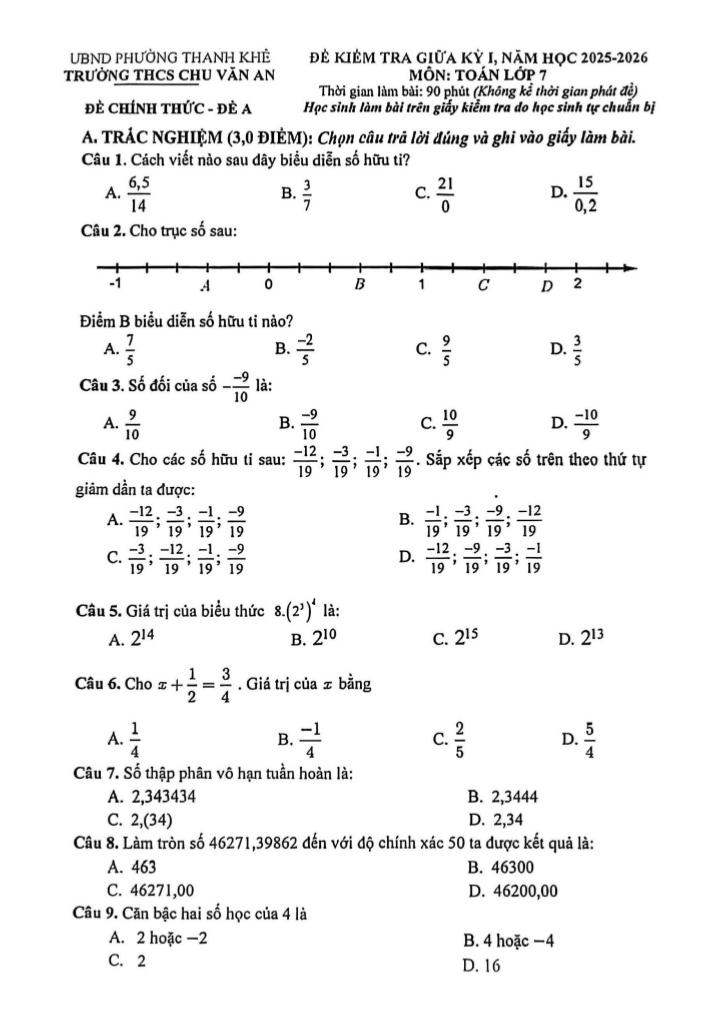 đề giữa kỳ 1 toán 7 năm 2025 – 2026 trường thcs chu văn an – đà nẵng 0