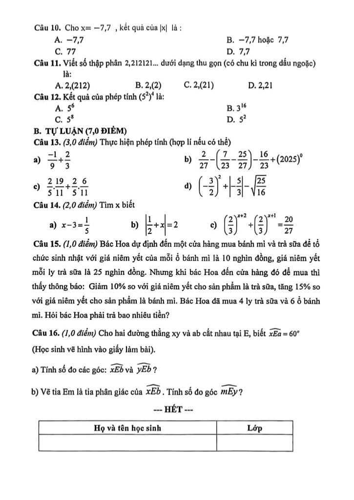 đề giữa kỳ 1 toán 7 năm 2025 – 2026 trường thcs chu văn an – đà nẵng 1