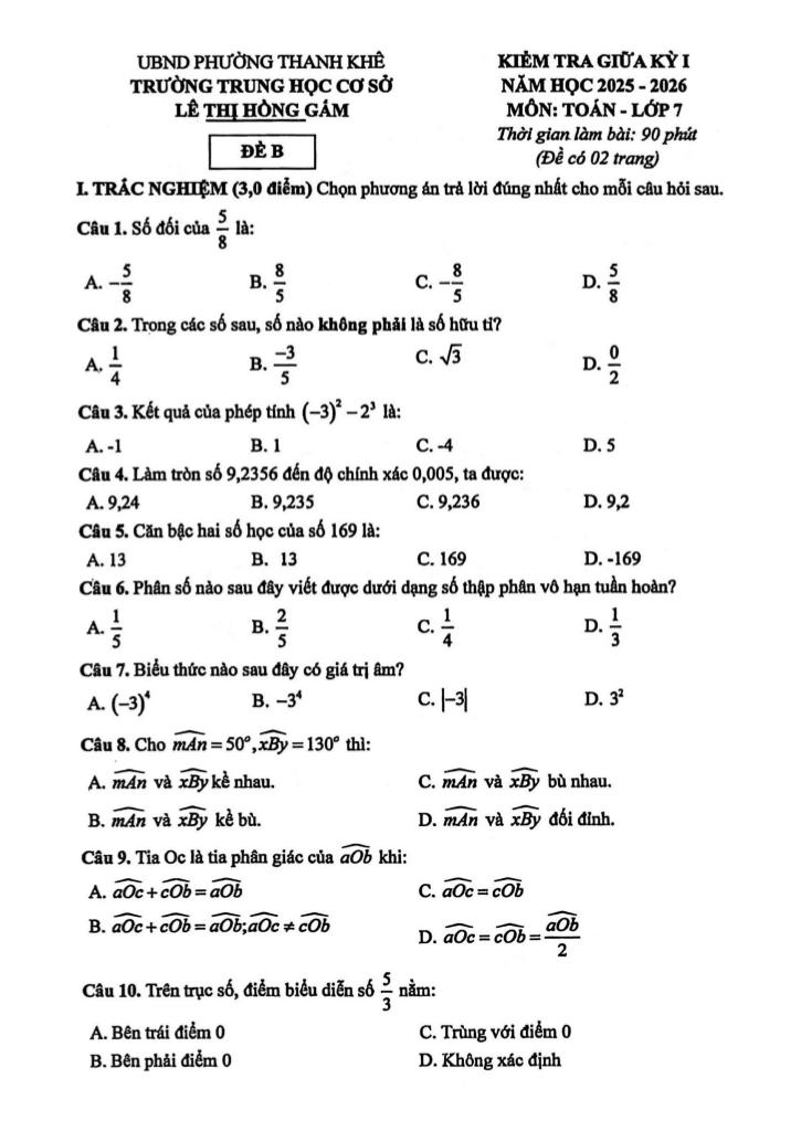 đề giữa kỳ 1 toán 7 năm 2025 – 2026 trường thcs lê thị hồng gấm – đà nẵng 0