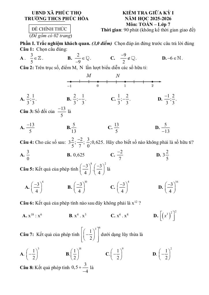 đề giữa kỳ 1 toán 7 năm 2025 – 2026 trường thcs phúc hòa – hà nội 0