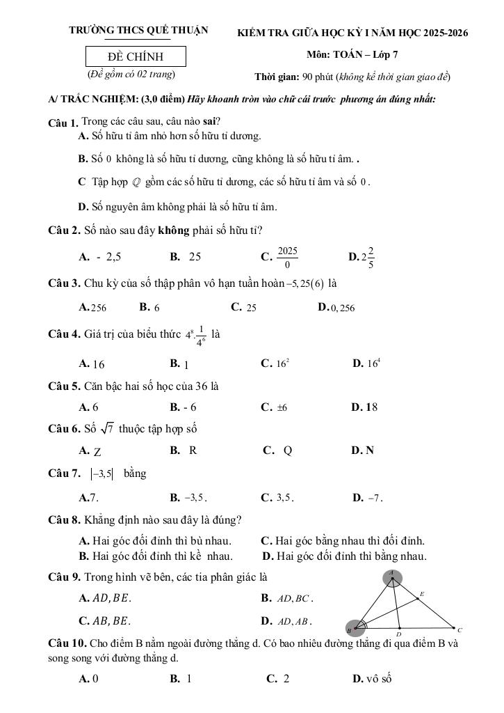 đề giữa kỳ 1 toán 7 năm 2025 – 2026 trường thcs quế thuận – đà nẵng 0