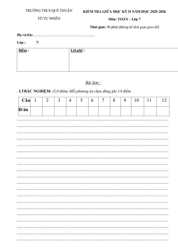 đề giữa kỳ 1 toán 7 năm 2025 – 2026 trường thcs quế thuận – đà nẵng 2