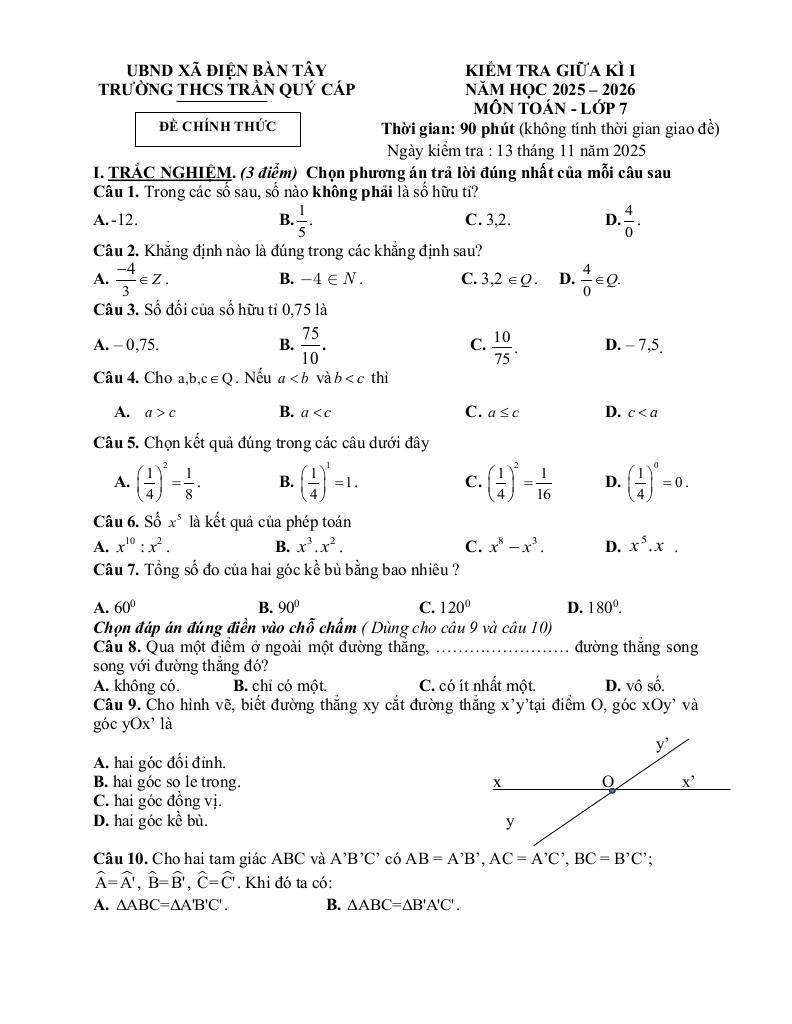 đề giữa kỳ 1 toán 7 năm 2025 – 2026 trường thcs trần quý cáp – đà nẵng 0