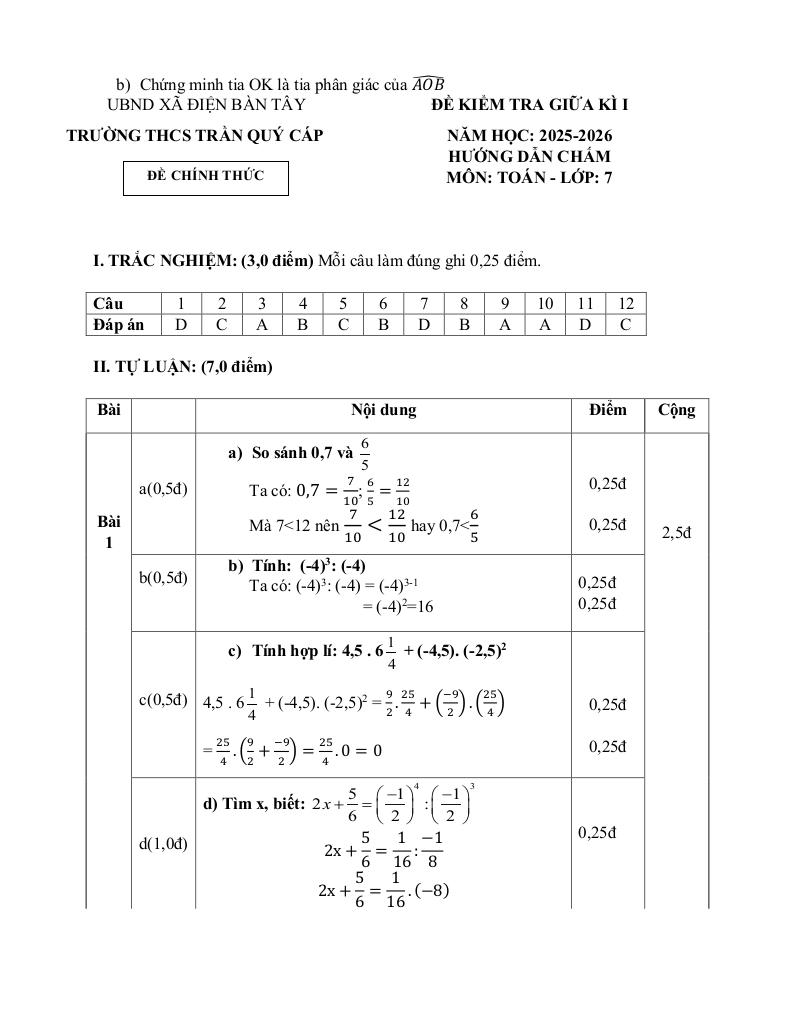 đề giữa kỳ 1 toán 7 năm 2025 – 2026 trường thcs trần quý cáp – đà nẵng 2
