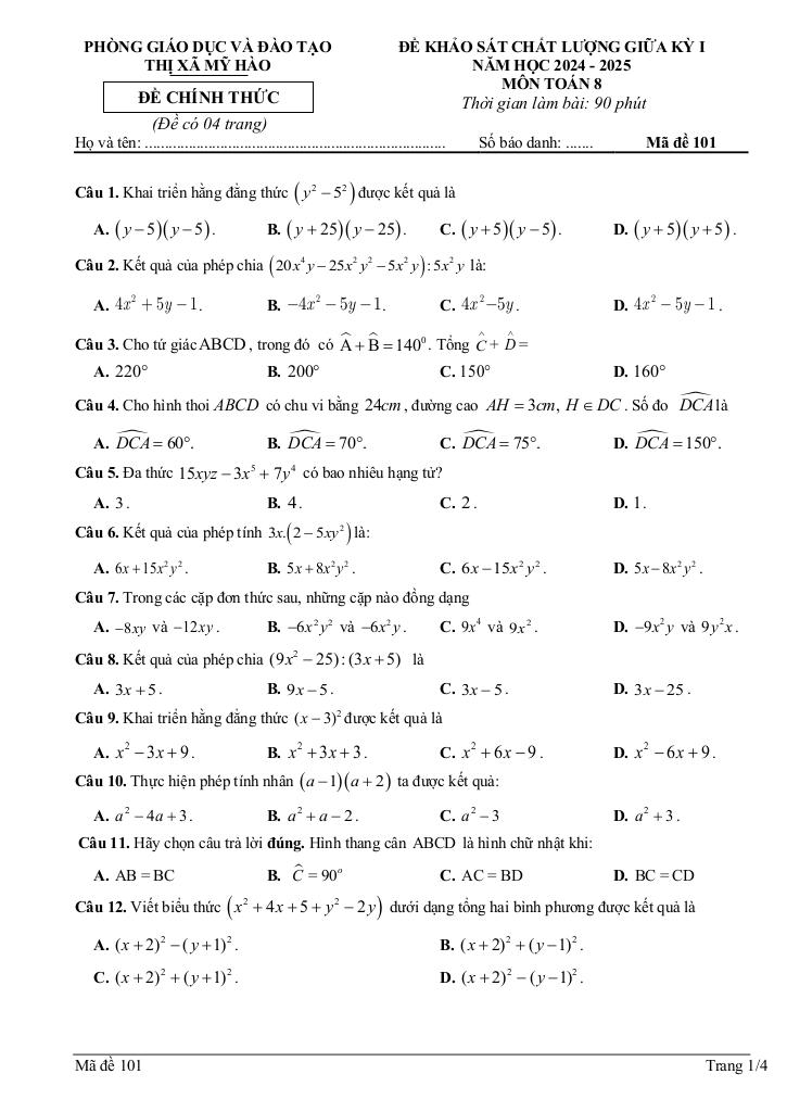 đề giữa kỳ 1 toán 8 năm 2024 – 2025 phòng gd&đt mỹ hào – hưng yên 0