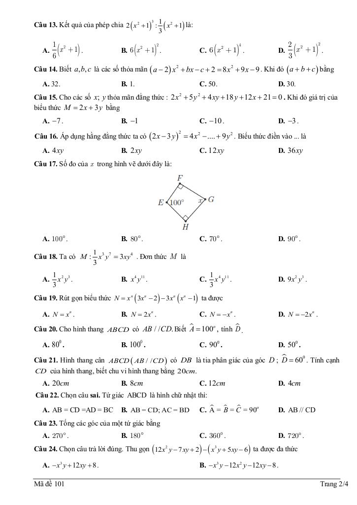 đề giữa kỳ 1 toán 8 năm 2024 – 2025 phòng gd&đt mỹ hào – hưng yên 1