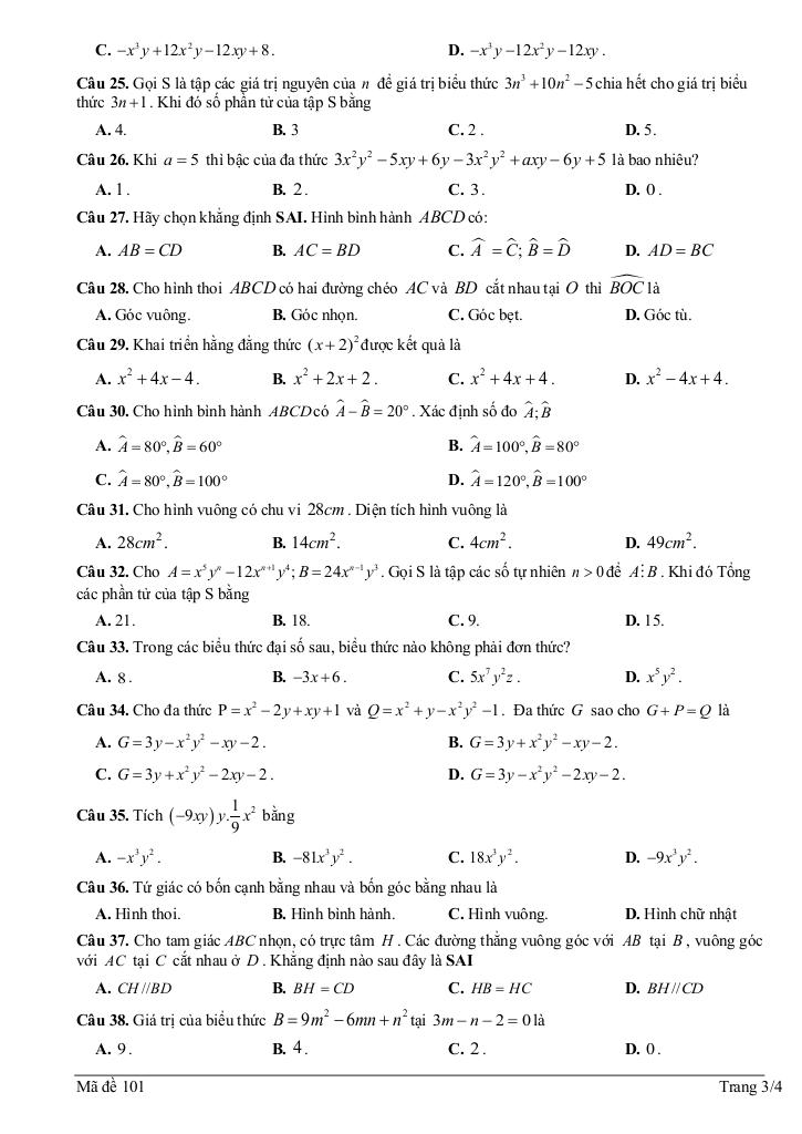 đề giữa kỳ 1 toán 8 năm 2024 – 2025 phòng gd&đt mỹ hào – hưng yên 2
