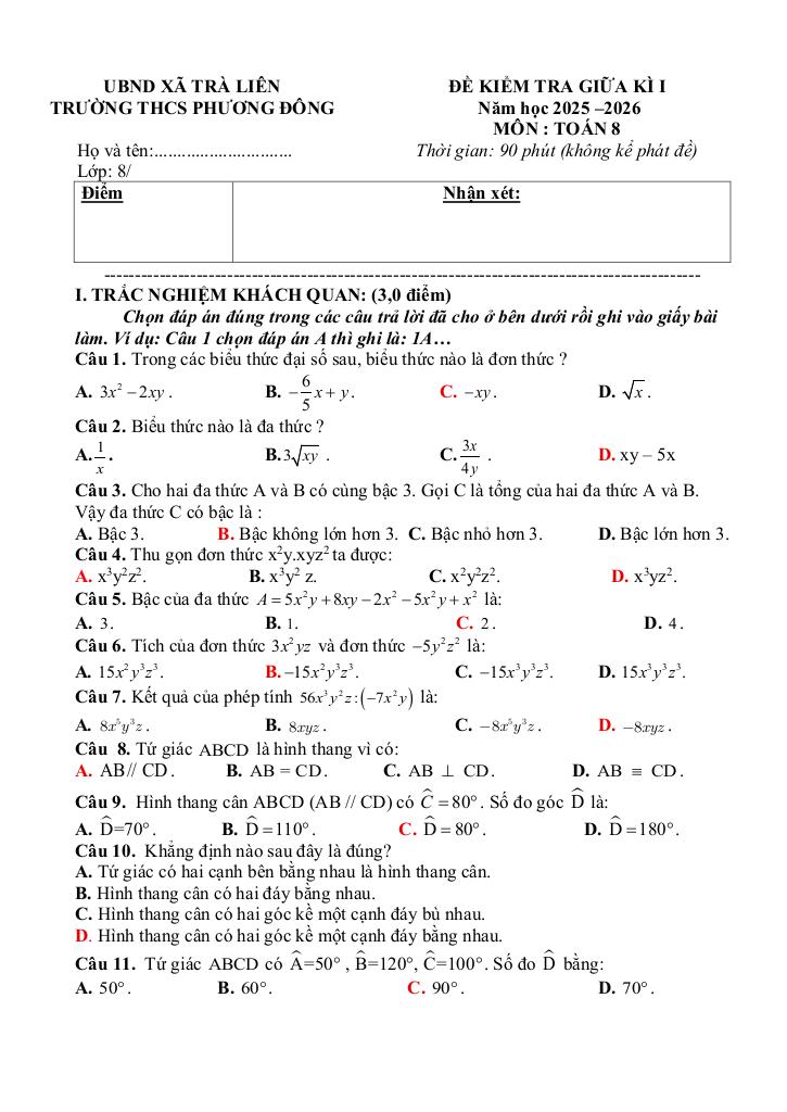 đề giữa kỳ 1 toán 8 năm 2025 – 2026 trường thcs phương đông – đà nẵng 3