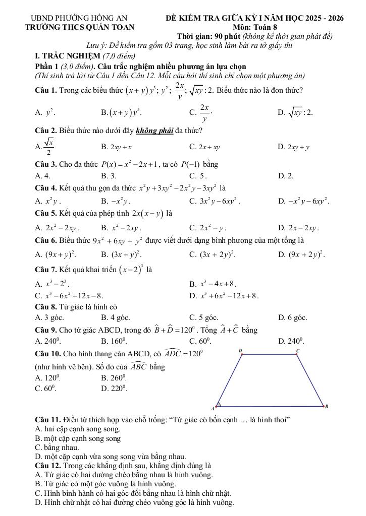 đề giữa kỳ 1 toán 8 năm 2025 – 2026 trường thcs quán toan – hải phòng 0