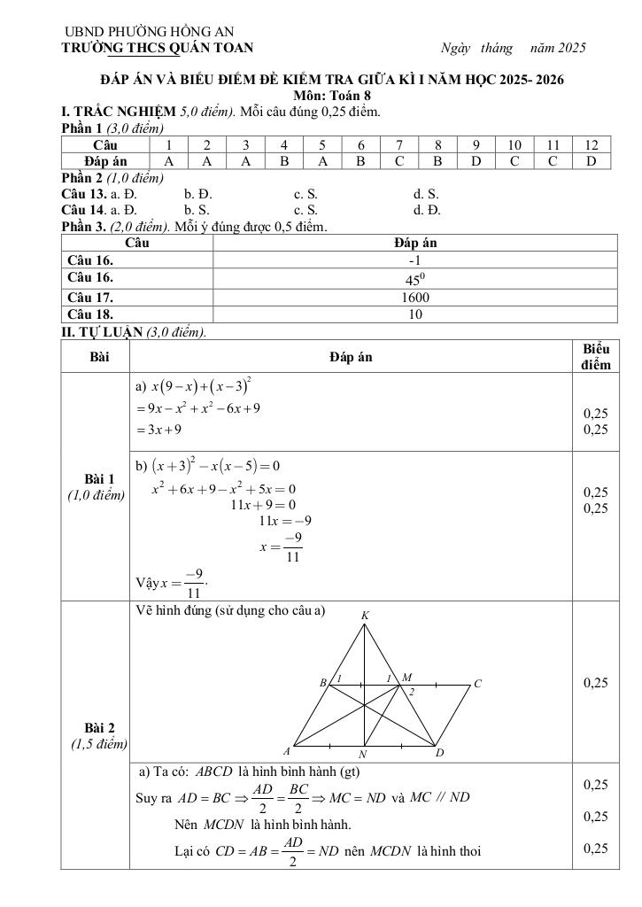đề giữa kỳ 1 toán 8 năm 2025 – 2026 trường thcs quán toan – hải phòng 2