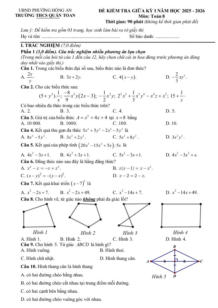 đề giữa kỳ 1 toán 8 năm 2025 – 2026 trường thcs quán toan – hải phòng 4