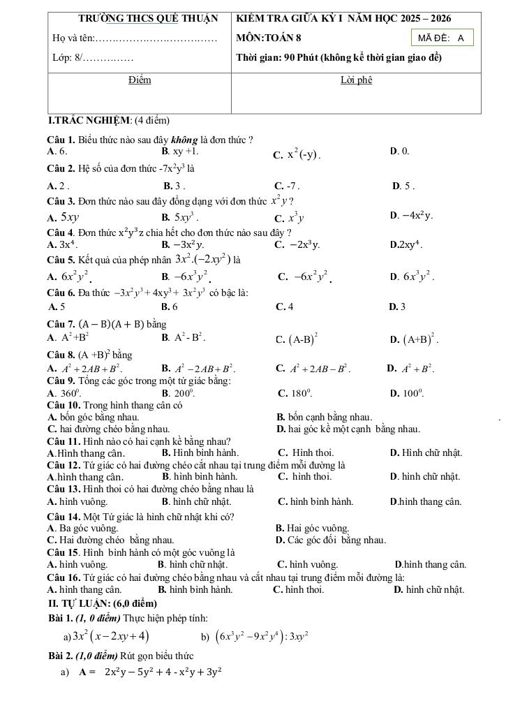 đề giữa kỳ 1 toán 8 năm 2025 – 2026 trường thcs quế thuận – đà nẵng 0