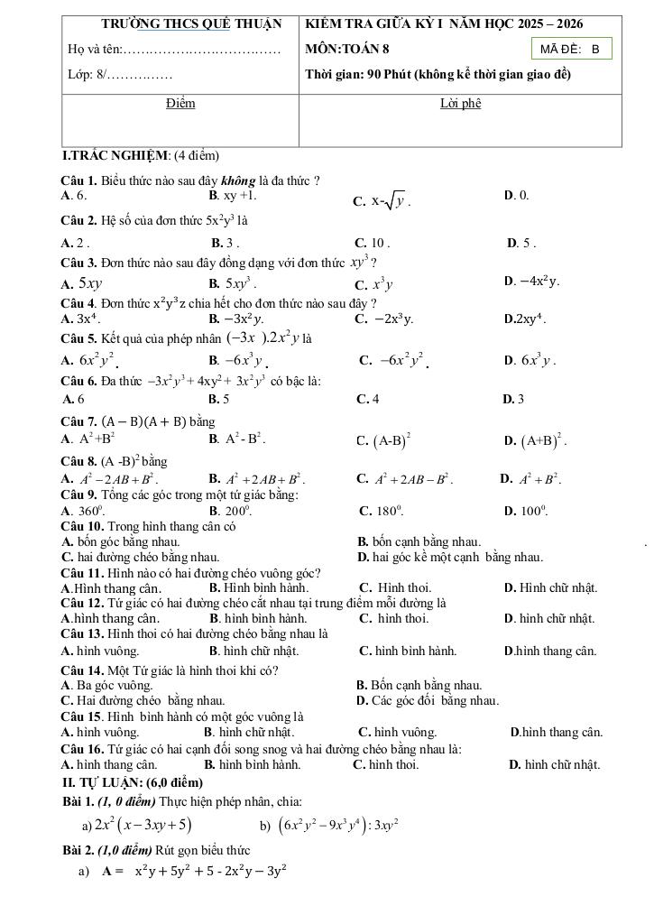 đề giữa kỳ 1 toán 8 năm 2025 – 2026 trường thcs quế thuận – đà nẵng 4