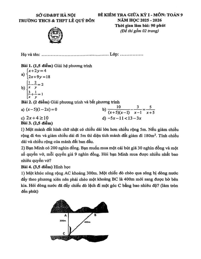 đề giữa kỳ 1 toán 9 năm 2025 – 2026 trường lê quý đôn – hà nội 0