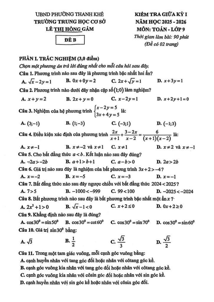 đề giữa kỳ 1 toán 9 năm 2025 – 2026 trường thcs lê thị hồng gấm – đà nẵng 0