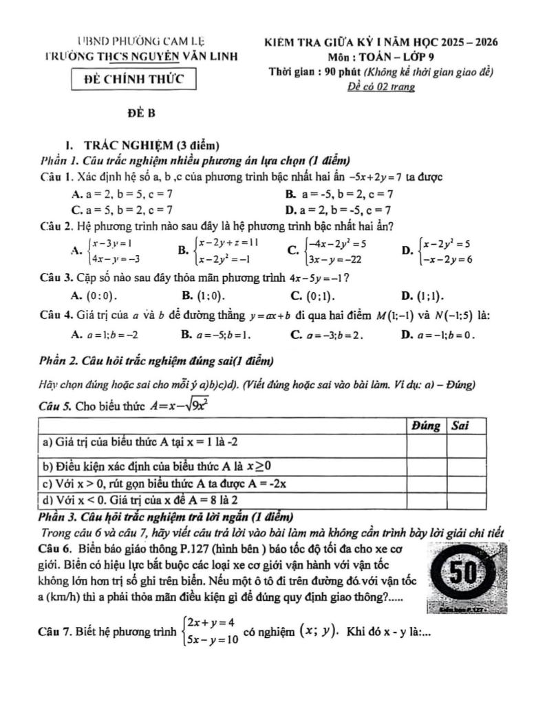 đề giữa kỳ 1 toán 9 năm 2025 – 2026 trường thcs nguyễn văn linh – đà nẵng 0