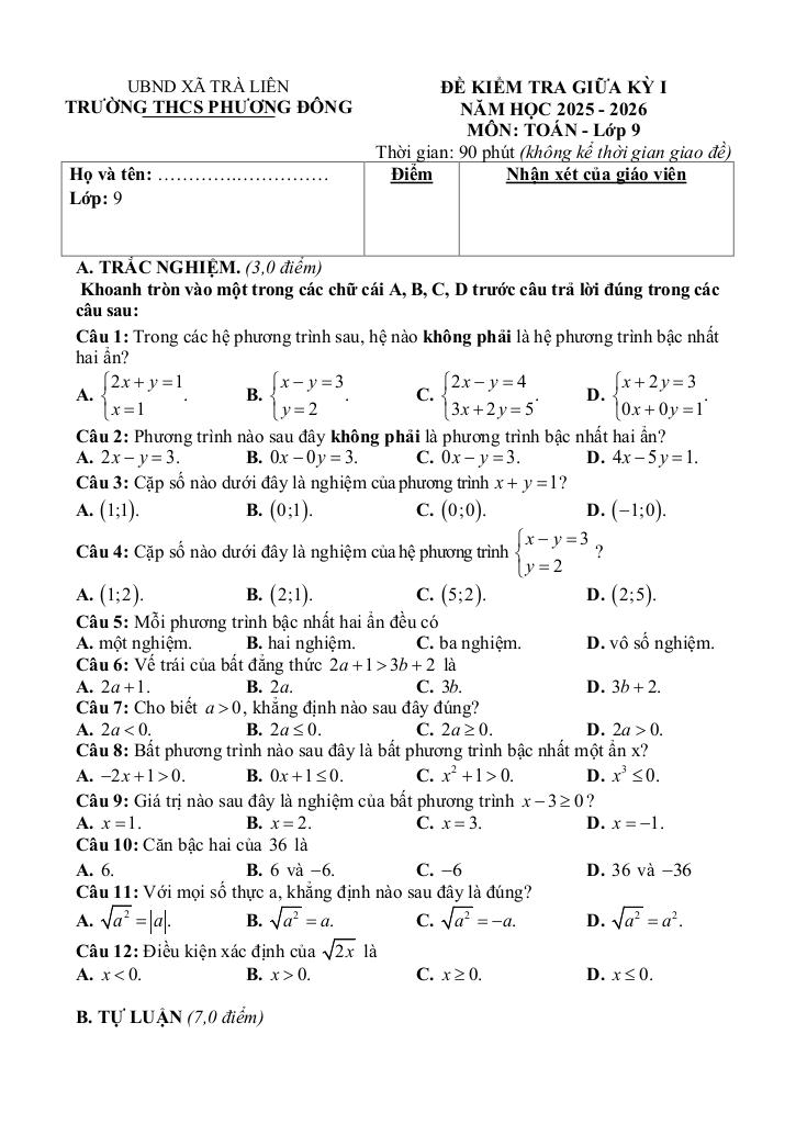 đề giữa kỳ 1 toán 9 năm 2025 – 2026 trường thcs phương đông – đà nẵng 3
