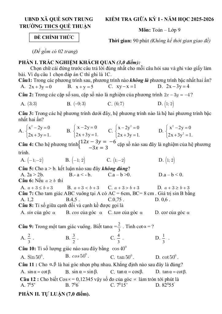 đề giữa kỳ 1 toán 9 năm 2025 – 2026 trường thcs quế thuận – đà nẵng 5