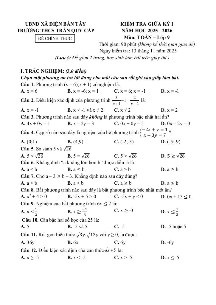 đề giữa kỳ 1 toán 9 năm 2025 – 2026 trường thcs trần quý cáp – đà nẵng 4