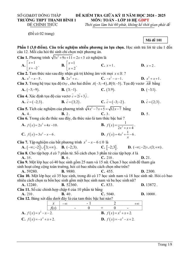đề giữa kỳ 2 toán 10 năm 2024 – 2025 trường thpt thanh bình 1 – đồng tháp 0