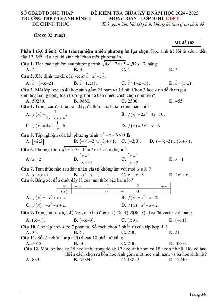 đề giữa kỳ 2 toán 10 năm 2024 – 2025 trường thpt thanh bình 1 – đồng tháp 2