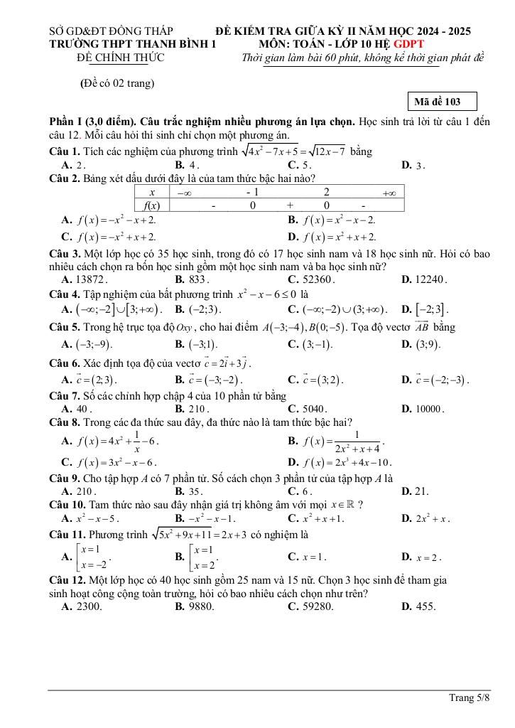 đề giữa kỳ 2 toán 10 năm 2024 – 2025 trường thpt thanh bình 1 – đồng tháp 4
