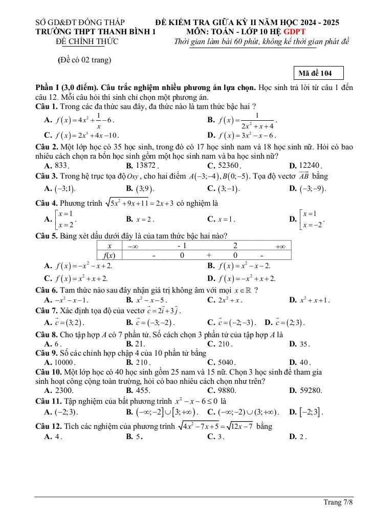đề giữa kỳ 2 toán 10 năm 2024 – 2025 trường thpt thanh bình 1 – đồng tháp 6