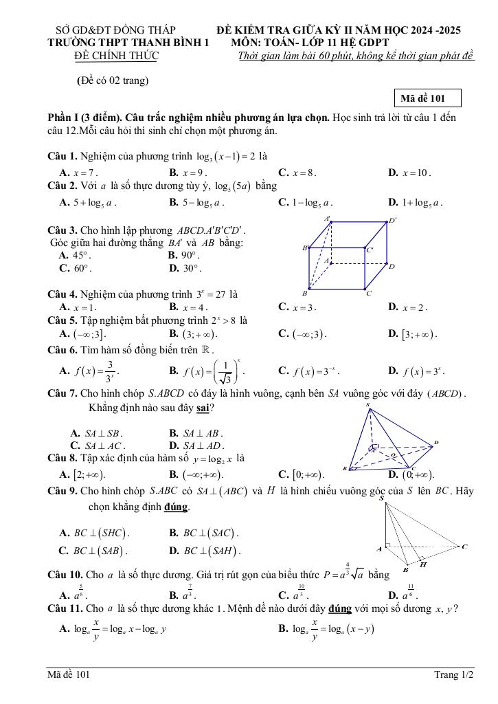 đề giữa kỳ 2 toán 11 năm 2024 – 2025 trường thpt thanh bình 1 – đồng tháp 0