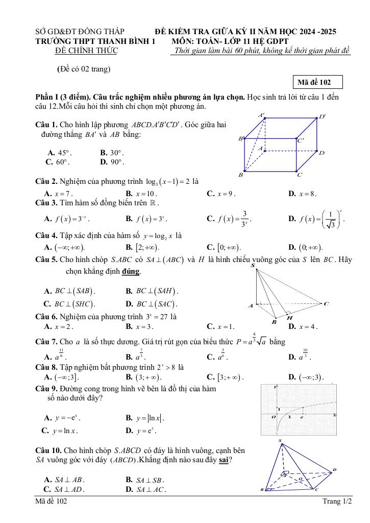 đề giữa kỳ 2 toán 11 năm 2024 – 2025 trường thpt thanh bình 1 – đồng tháp 2