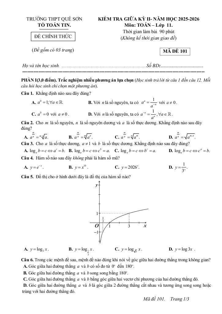 đề giữa kỳ 2 toán 11 năm 2025 – 2026 trường thpt quế sơn – đà nẵng - hình 1