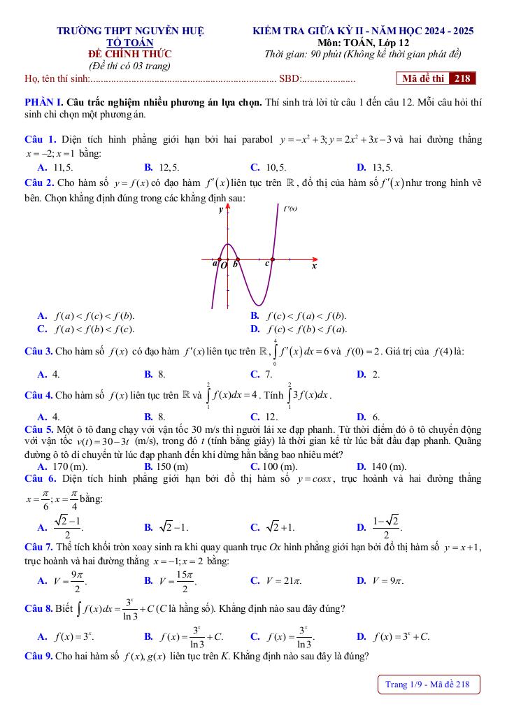đề giữa kỳ 2 toán 12 năm 2024 – 2025 trường thpt nguyễn huệ – huế 0