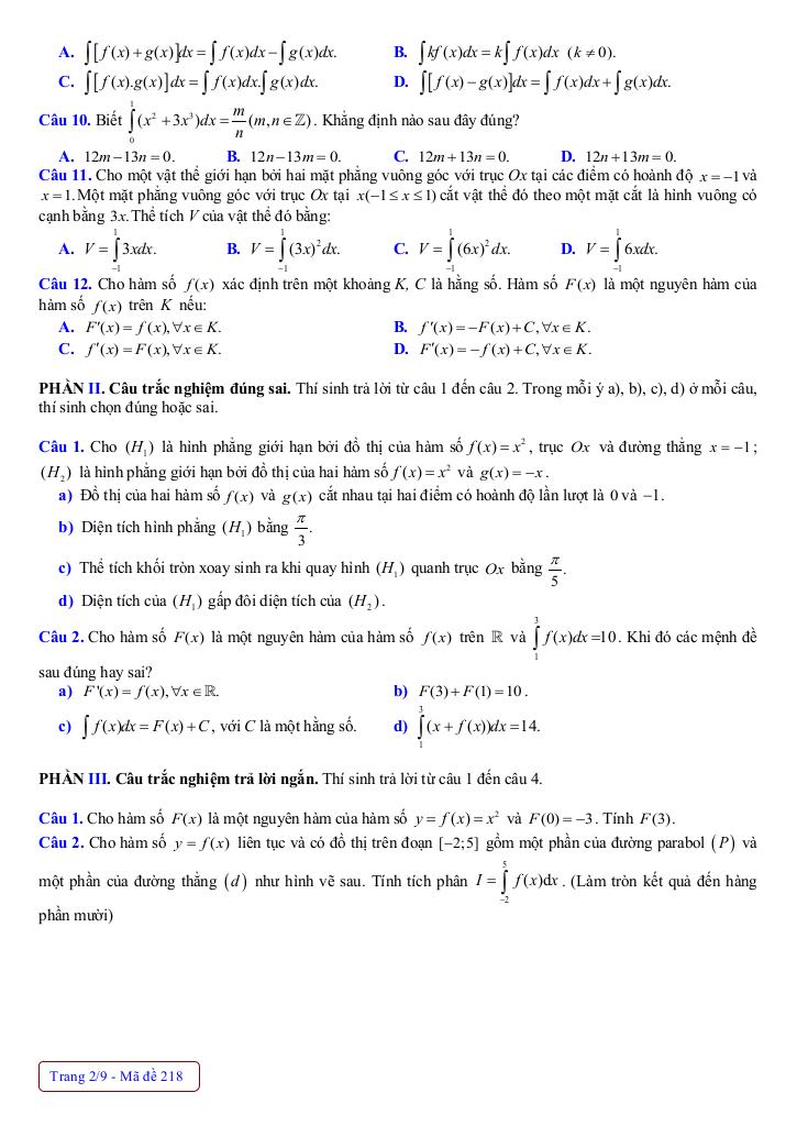 đề giữa kỳ 2 toán 12 năm 2024 – 2025 trường thpt nguyễn huệ – huế 1