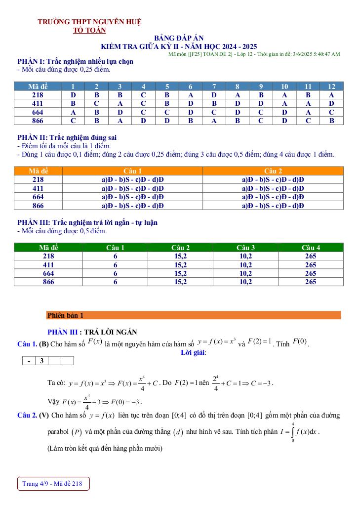 đề giữa kỳ 2 toán 12 năm 2024 – 2025 trường thpt nguyễn huệ – huế 3