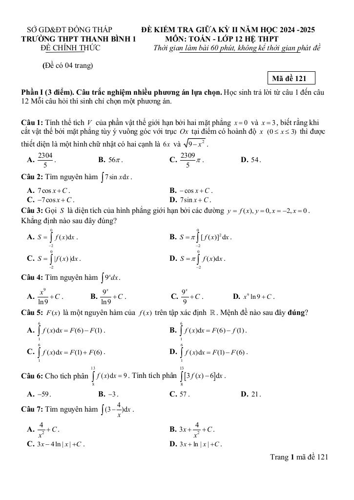 đề giữa kỳ 2 toán 12 năm 2024 – 2025 trường thpt thanh bình 1 – đồng tháp 0